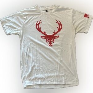Bucked Up White Graphic T-Shirt Red Deer Logo American Flag Sleeve